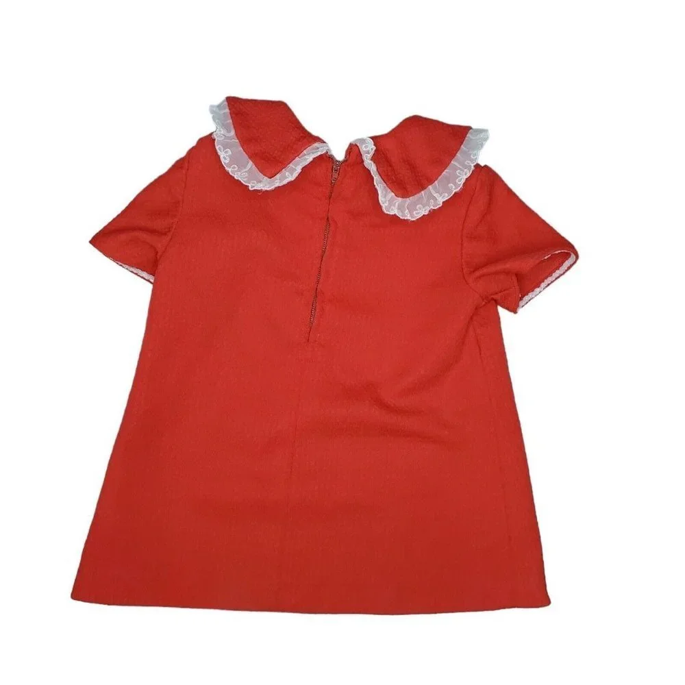 Vintage 50s 60s Girls Red Textured Dress Short Large Collar 18 Month Lace‎ Trim